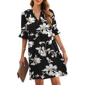 Women's Black Flower Polyester V-Neck Fit Short Sleeve Knee Length Shift Dress